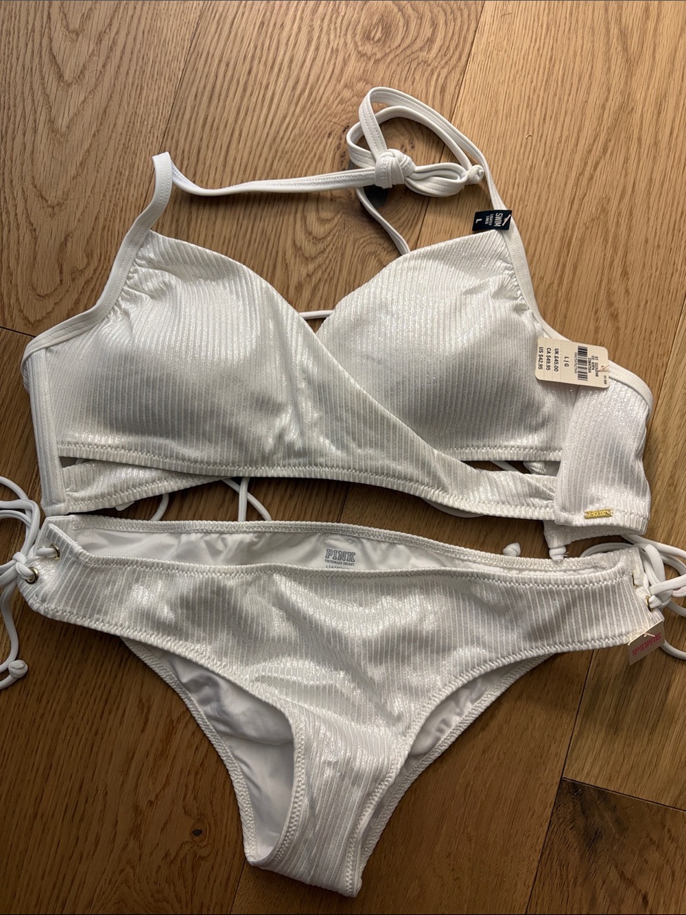 PINK Victoria's Secret White Ribbed Halter & Tie-Side Bikini nwt shimmery